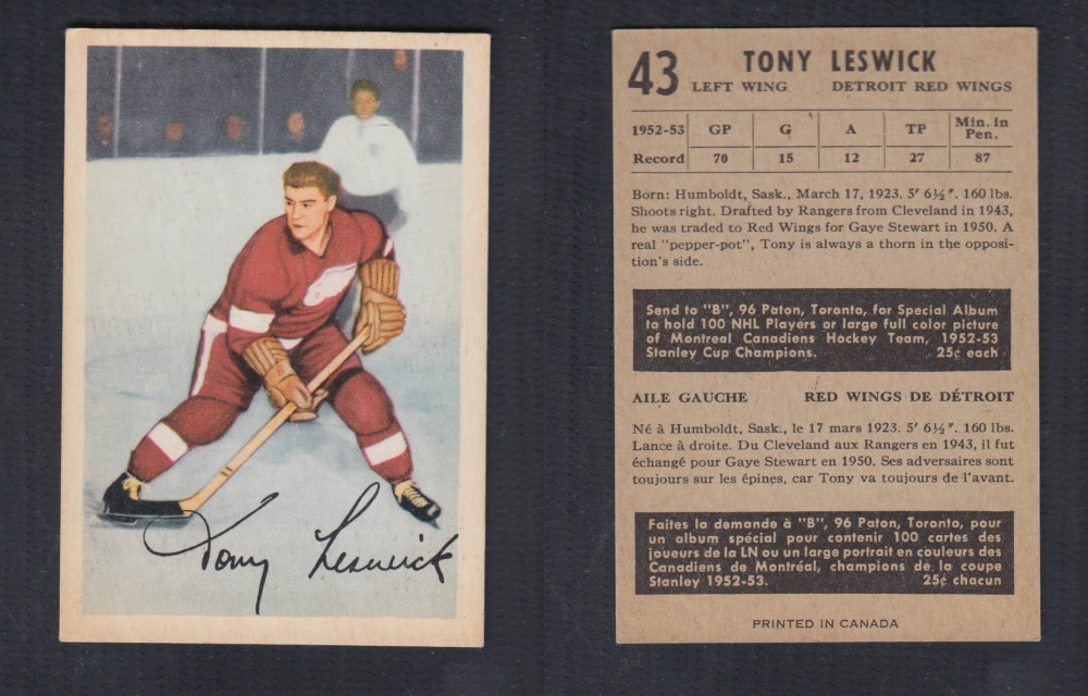 1953-54 PARKHURST HOCKEY CARD #43 T. LESWICK photo 1953-54 PARKHURST HOCKEY CARD #43 T. LESWICK photo