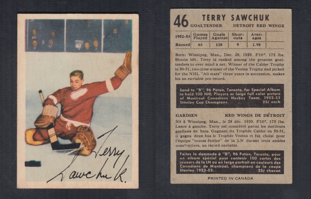 1953-54 PARKHURST HOCKEY CARD #46 T. SAWCHUK photo 1953-54 PARKHURST HOCKEY CARD #46 T. SAWCHUK photo