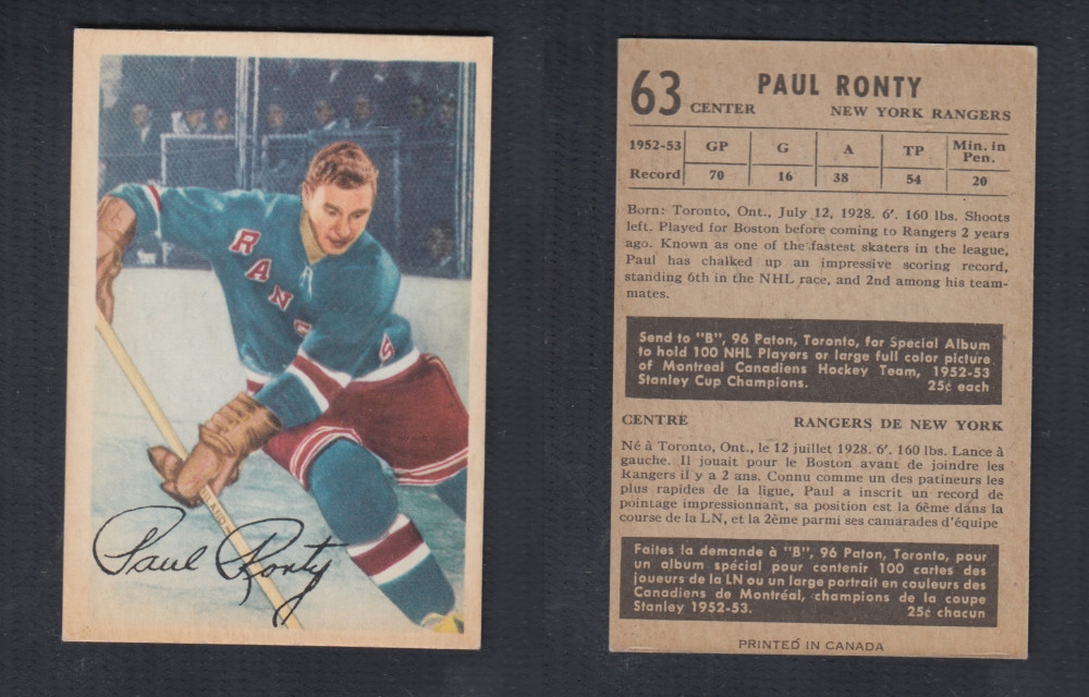 1953-54 PARKHURST HOCKEY CARD #63 P. RONTY photo