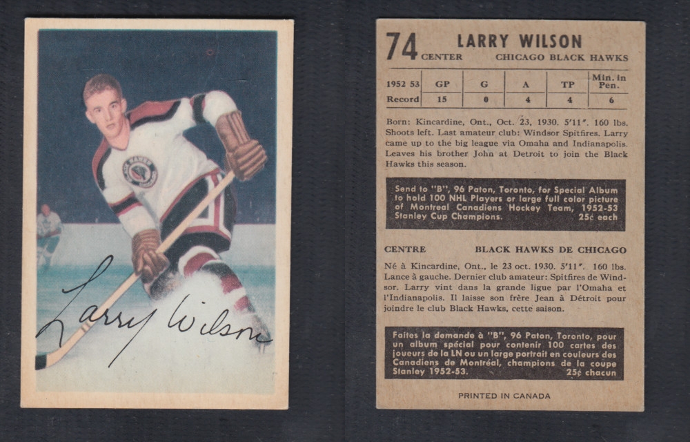 1953-54 PARKHURST HOCKEY CARD #74 L. WILSON photo 1953-54 PARKHURST HOCKEY CARD #74 L. WILSON photo