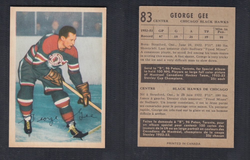 1953-54 PARKHURST HOCKEY CARD #83 G. GEE photo 1953-54 PARKHURST HOCKEY CARD #83 G. GEE photo