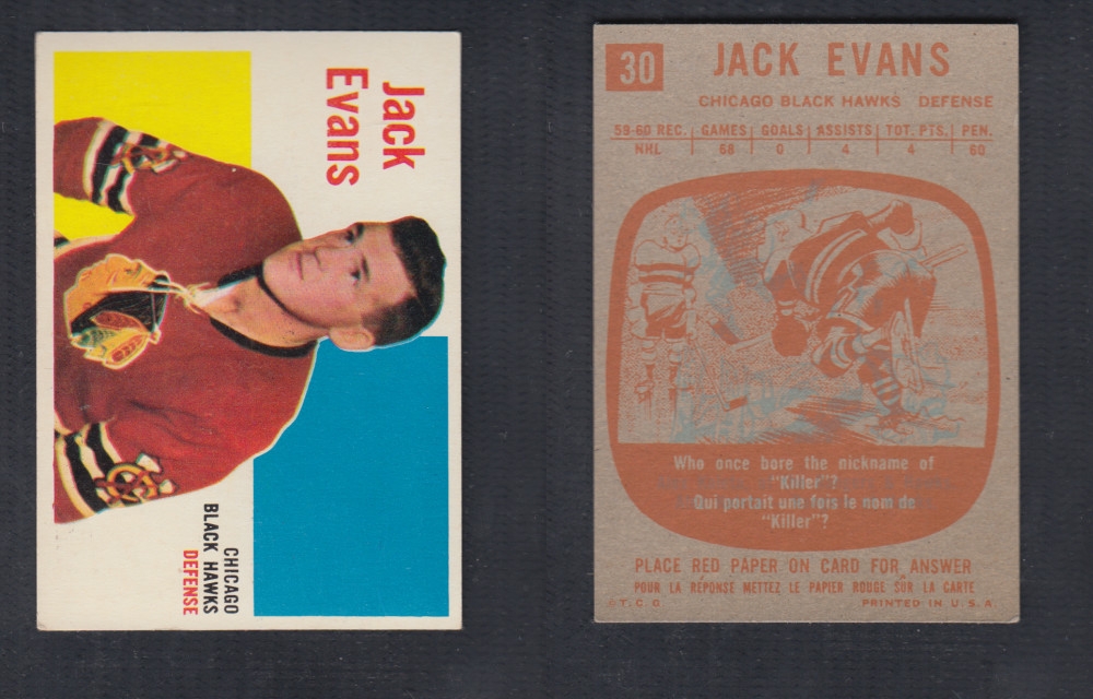 1960-61 TOPPS HOCKEY CARD #30 J. EVANS photo 1960-61 TOPPS HOCKEY CARD #30 J. EVANS photo