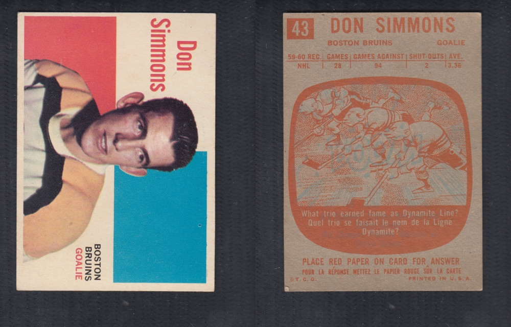1960-61 TOPPS HOCKEY CARD #43 D. SIMMONS photo 1960-61 TOPPS HOCKEY CARD #43 D. SIMMONS photo