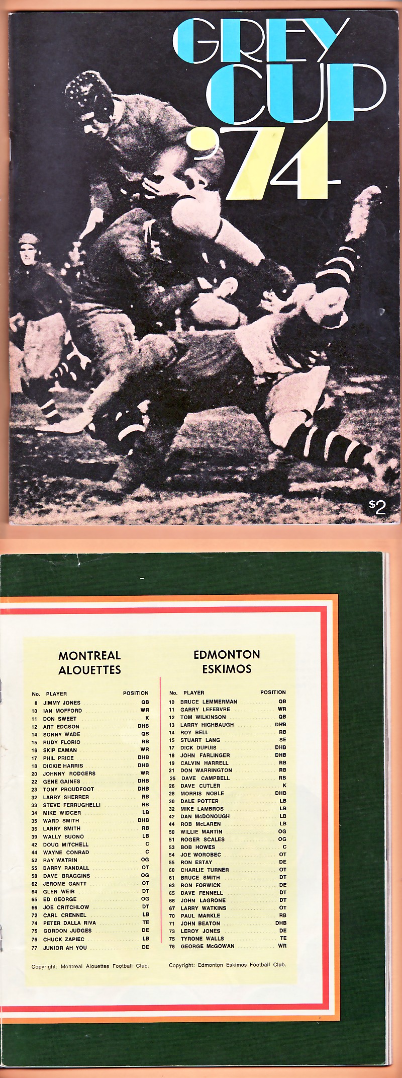 1974 CFL EDMONTON ESKIMOS VS MONTREAL ALOUETTES GREY CUP PROGRAM photo 1974 CFL EDMONTON ESKIMOS VS MONTREAL ALOUETTES GREY CUP PROGRAM photo