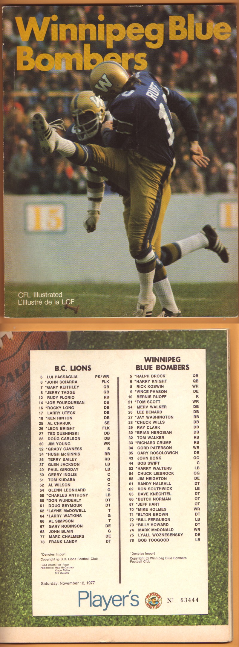 1977 CFL WINNIPEG BLUE BOMBERS VS B.C. LIONS PROGRAM photo 1977 CFL WINNIPEG BLUE BOMBERS VS B.C. LIONS PROGRAM photo