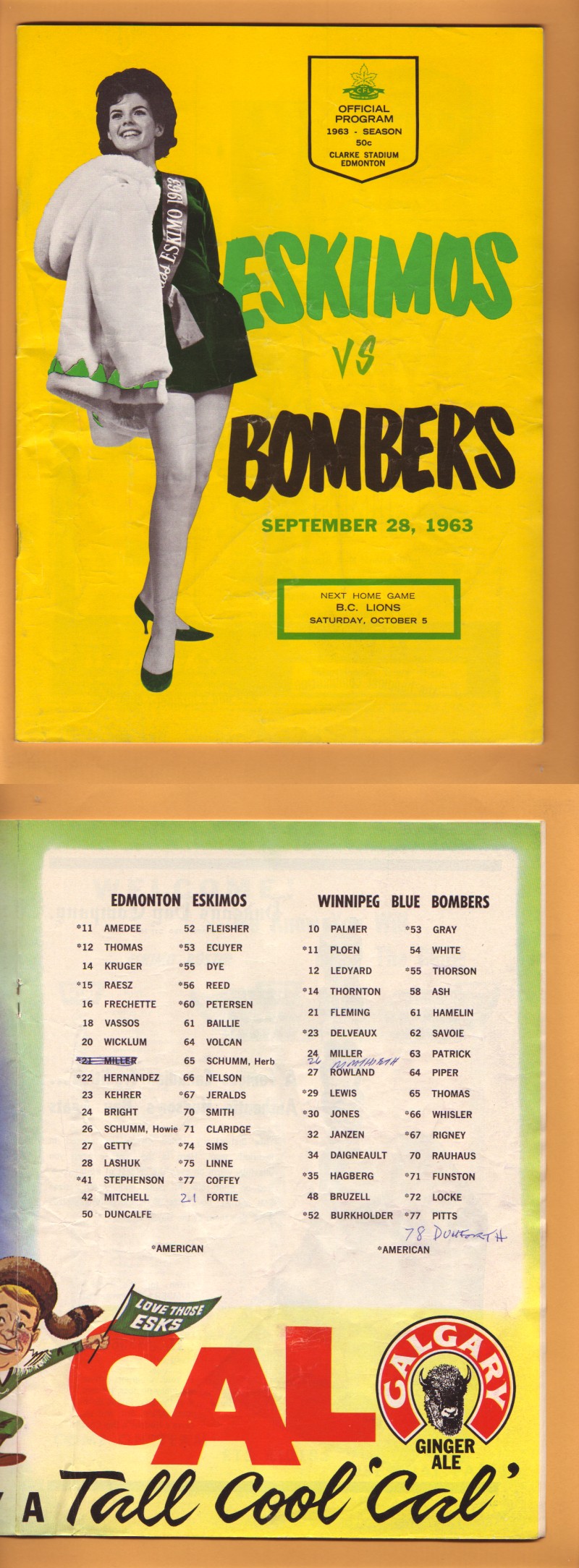 1963 CFL EDMONTON ESKIMOS VS WINNIPEG BLUE BOMBERS PROGRAM photo 1963 CFL EDMONTON ESKIMOS VS WINNIPEG BLUE BOMBERS PROGRAM photo