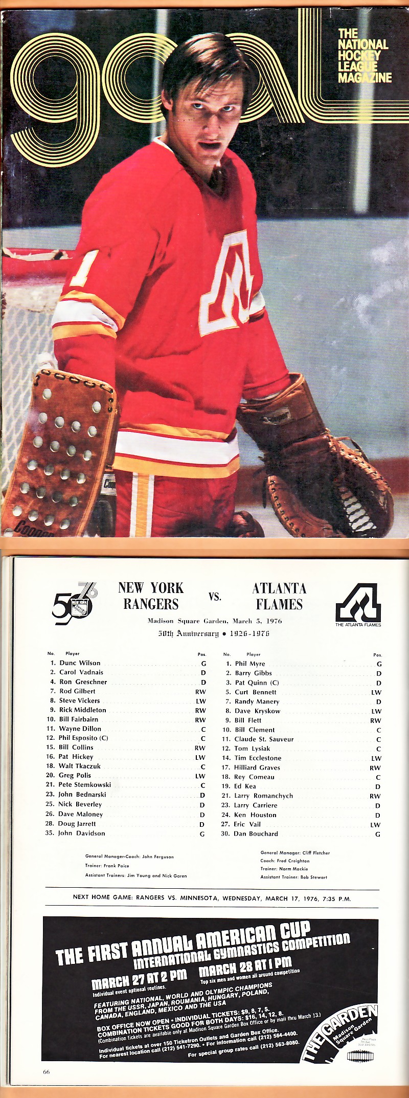 1976 ATLANTA FLAMES VS NEW YORK RANGERS PROGRAM photo 1976 ATLANTA FLAMES VS NEW YORK RANGERS PROGRAM photo
