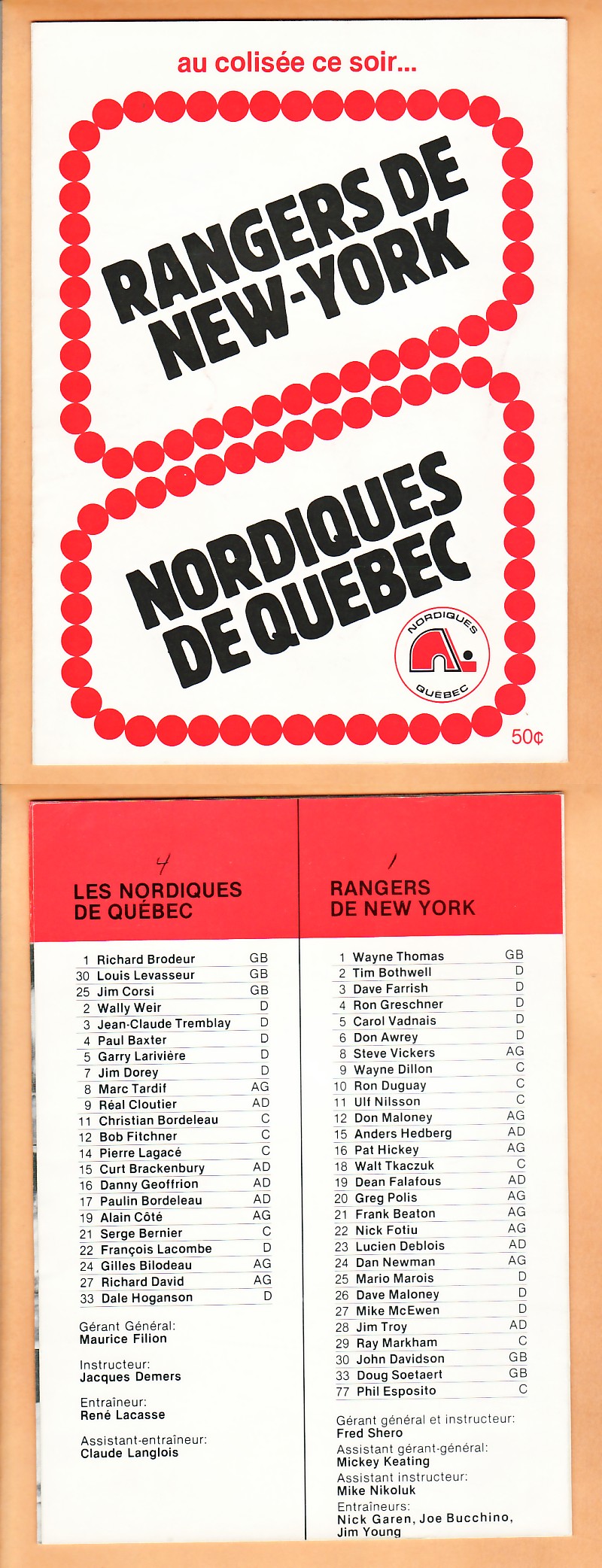 1970'S QUEBEC NORDIQUES VS NEW YORK RANGERS PROGRAM photo 1970'S QUEBEC NORDIQUES VS NEW YORK RANGERS PROGRAM photo