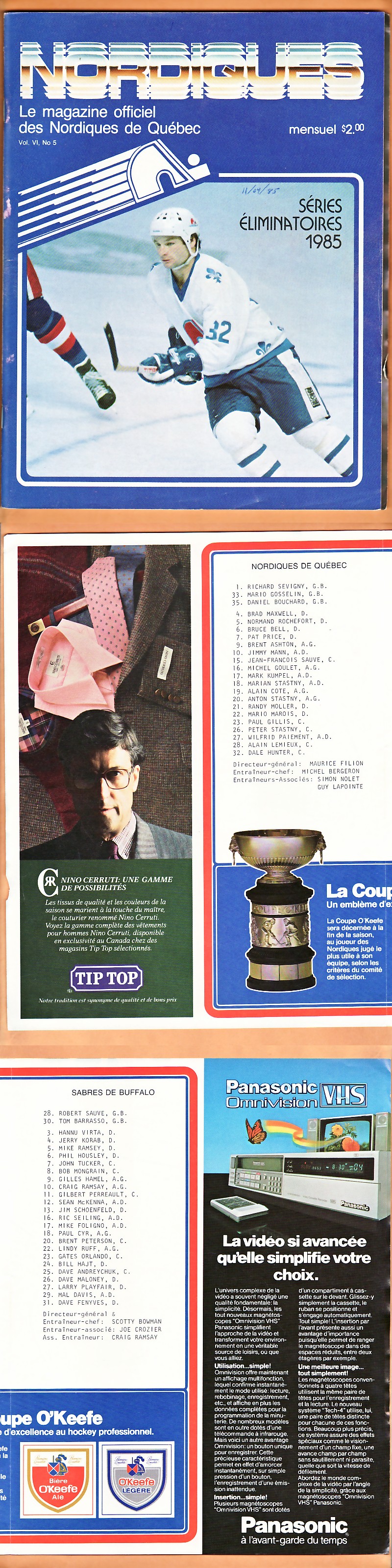 1985 QUEBEC NORDIQUES VS BUFFALO SABRES PROGRAM photo 1985 QUEBEC NORDIQUES VS BUFFALO SABRES PROGRAM photo