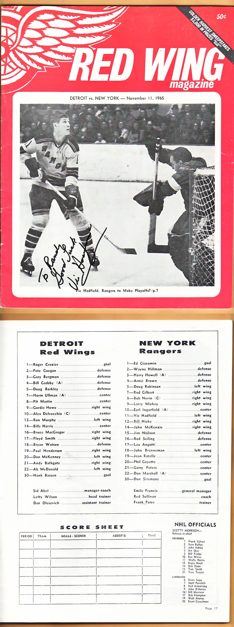 1965 DETROIT RED WINGS VS NEW YORK RANGERS PROGRAM photo 1965 DETROIT RED WINGS VS NEW YORK RANGERS PROGRAM photo