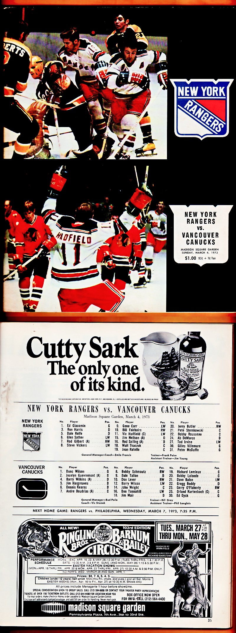 1973 NEW YORK RANGERS VS VANCOUVER CANUCKS PROGRAM photo 1973 NEW YORK RANGERS VS VANCOUVER CANUCKS PROGRAM photo