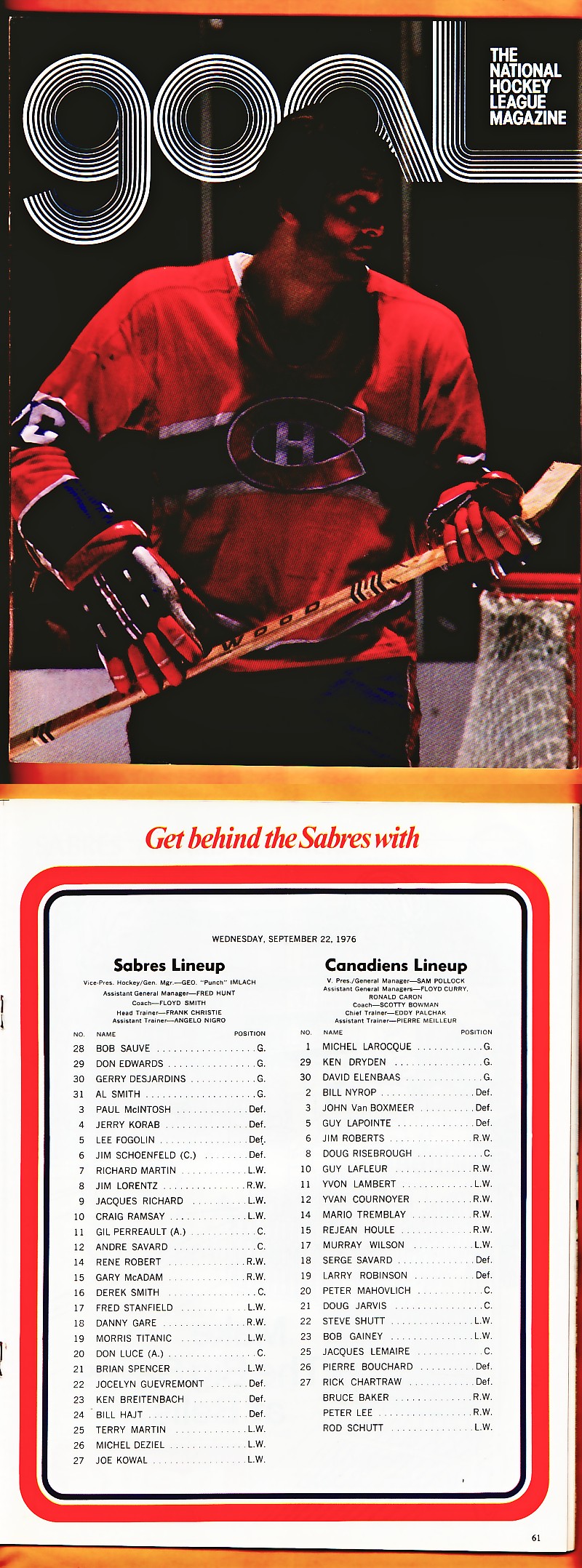 1976 BUFFALO SABRES VS MONTREAL CANADIENS PROGRAM photo 1976 BUFFALO SABRES VS MONTREAL CANADIENS PROGRAM photo