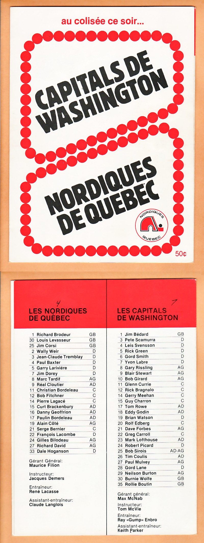 1970'S QUEBEC NORDIQUES VS WASHINGTON CAPITALS PROGRAM photo 1970'S QUEBEC NORDIQUES VS WASHINGTON CAPITALS PROGRAM photo
