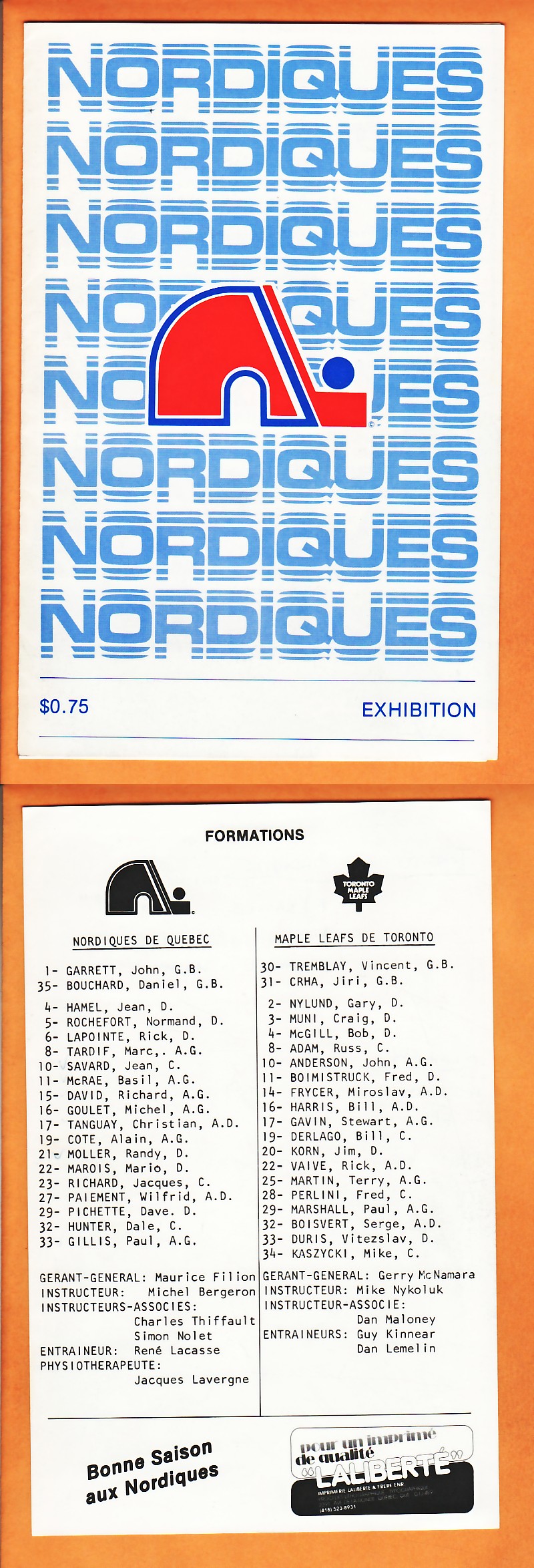 1982-83 QUEBEC NORDIQUES VS TORONTO MAPLE LEAFS PROGRAM photo 1982-83 QUEBEC NORDIQUES VS TORONTO MAPLE LEAFS PROGRAM photo