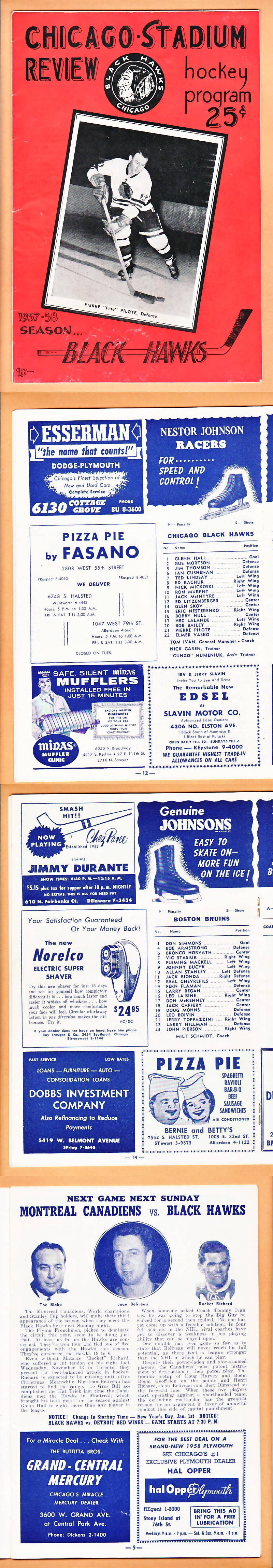 1957 CHICAGO BLACKHAWKS VS BOSTON BRUINS PROGRAM photo 1957 CHICAGO BLACKHAWKS VS BOSTON BRUINS PROGRAM photo