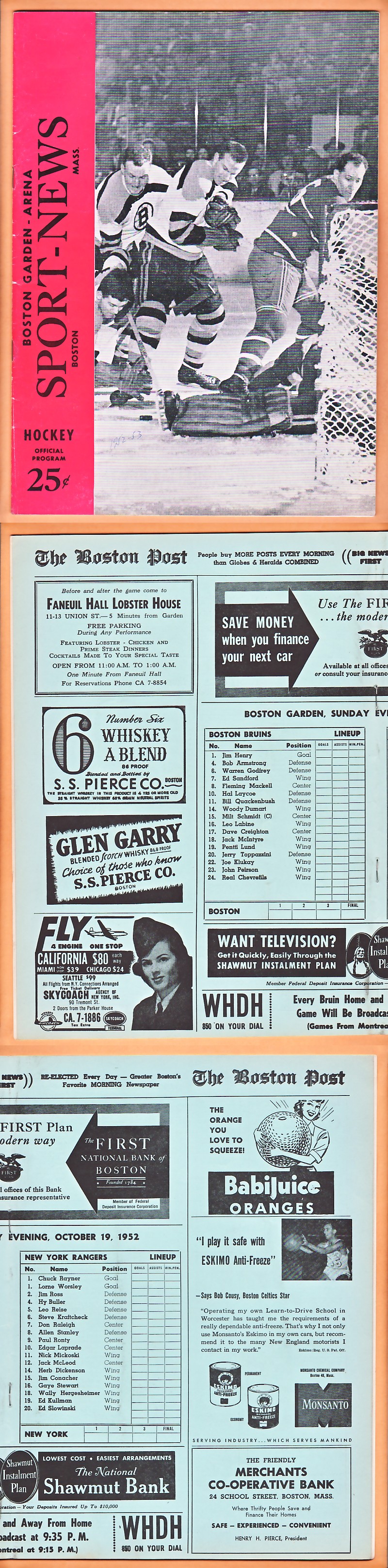 1952 BOSTON BRUINS VS NEW YORK RANGERS PROGRAM photo 1952 BOSTON BRUINS VS NEW YORK RANGERS PROGRAM photo