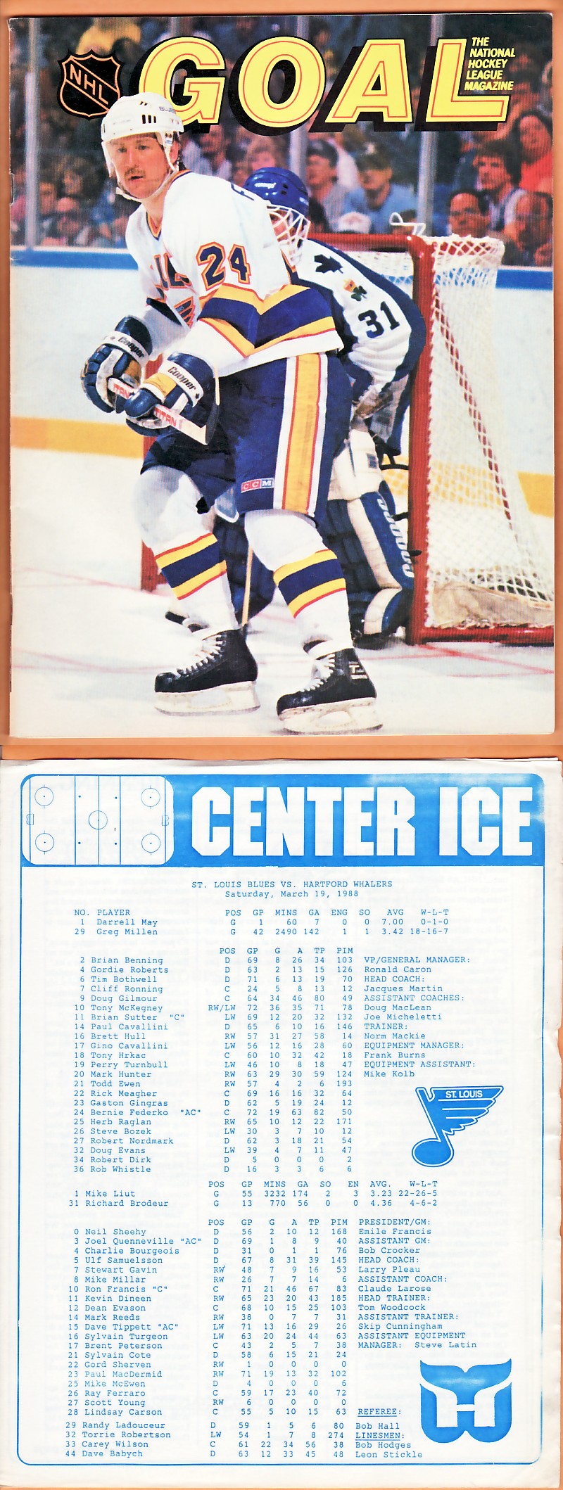 1988 HARTFORD WHALERS VS ST-LOUIS BLUES PROGRAM photo 1988 HARTFORD WHALERS VS ST-LOUIS BLUES PROGRAM photo